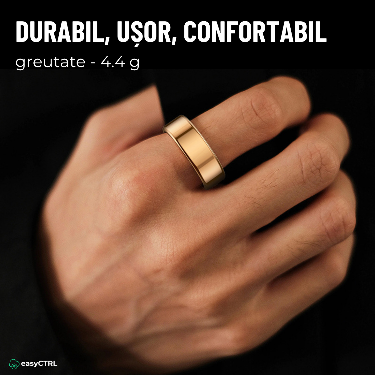 Smart Ring, Bluetooth, Wireless Charging Box, Monitors Pulse, Blood Oxygen, Sleep, Calories, Waterproof IP68, Gold, easyCTRL®