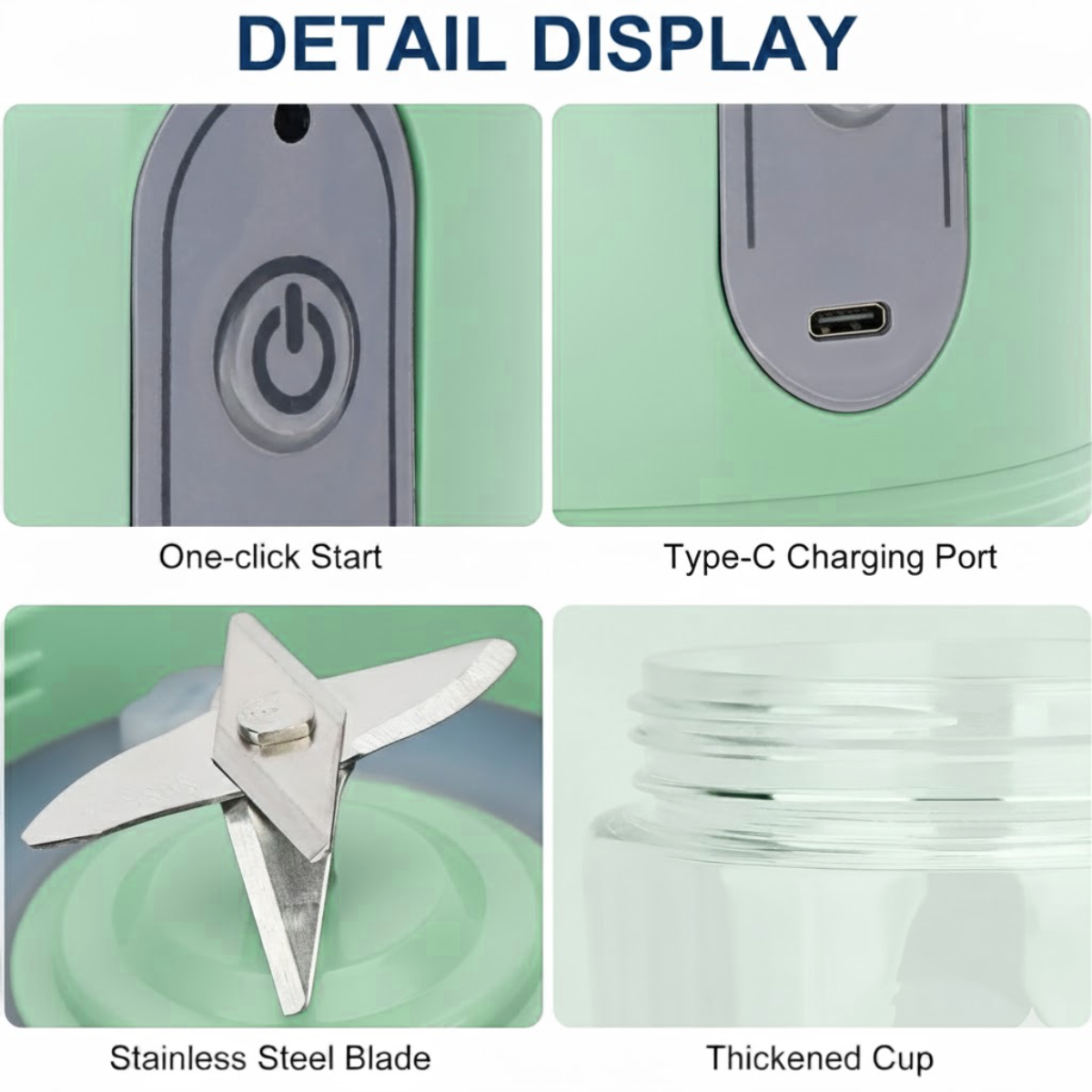 Mini Blender Portabil, 2 Recipiente, 400 ml, 6 Lame 3D, USB-C reincarcabil, 45W, Capac Inclus, Turcoaz, easyCTRL®