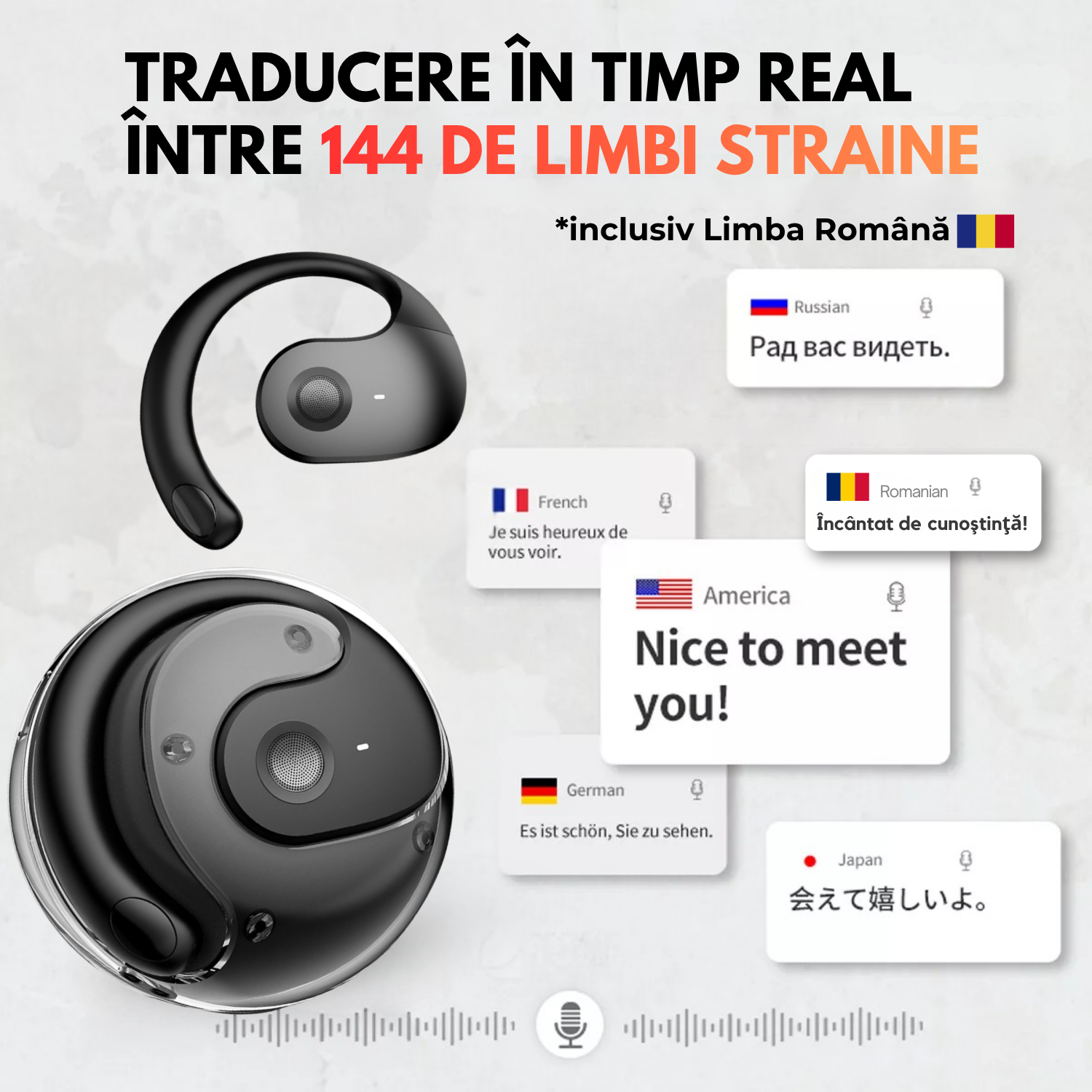 Pachet 1 + 1 Casti cu Traducator pentru Conversatii in timp real, 144 Limbi, Dialecte, Bluetooth 5.4, Control tactil, easyCTRL®