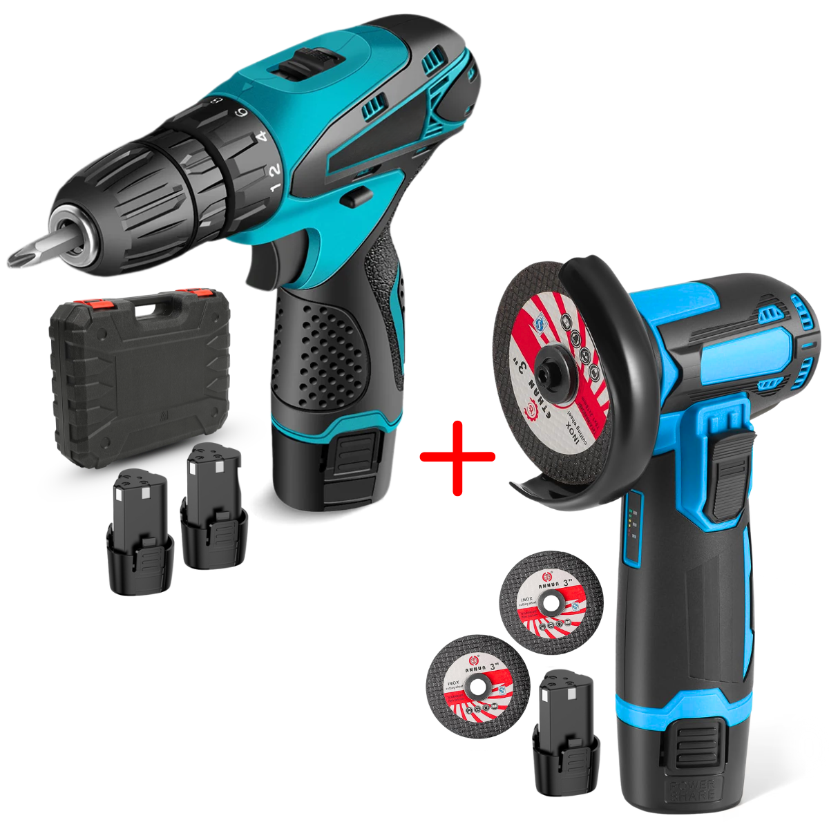 Set Masina de Gaurit si Insurubat + Flex/Polizor cu Baterie, 2 discuri 76mm, 3 Acumulatori Interschimbabili, Cutie cu 25 accesorii