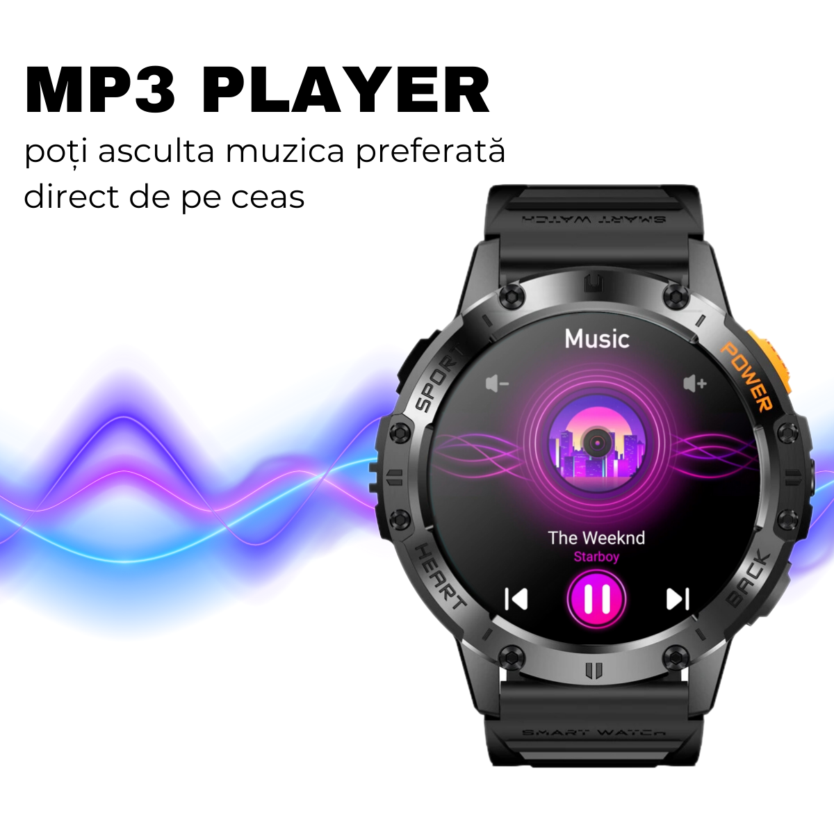 Ceas smartwatch, Ecran AMOLED 1.43", Rezistent la apa, Monitorizare oxigen, Ritm cardiac, Somn, Apel Bluetooth, Notificari mesaje, AI Asistent Vocal, Lanterna, easyCTRL®