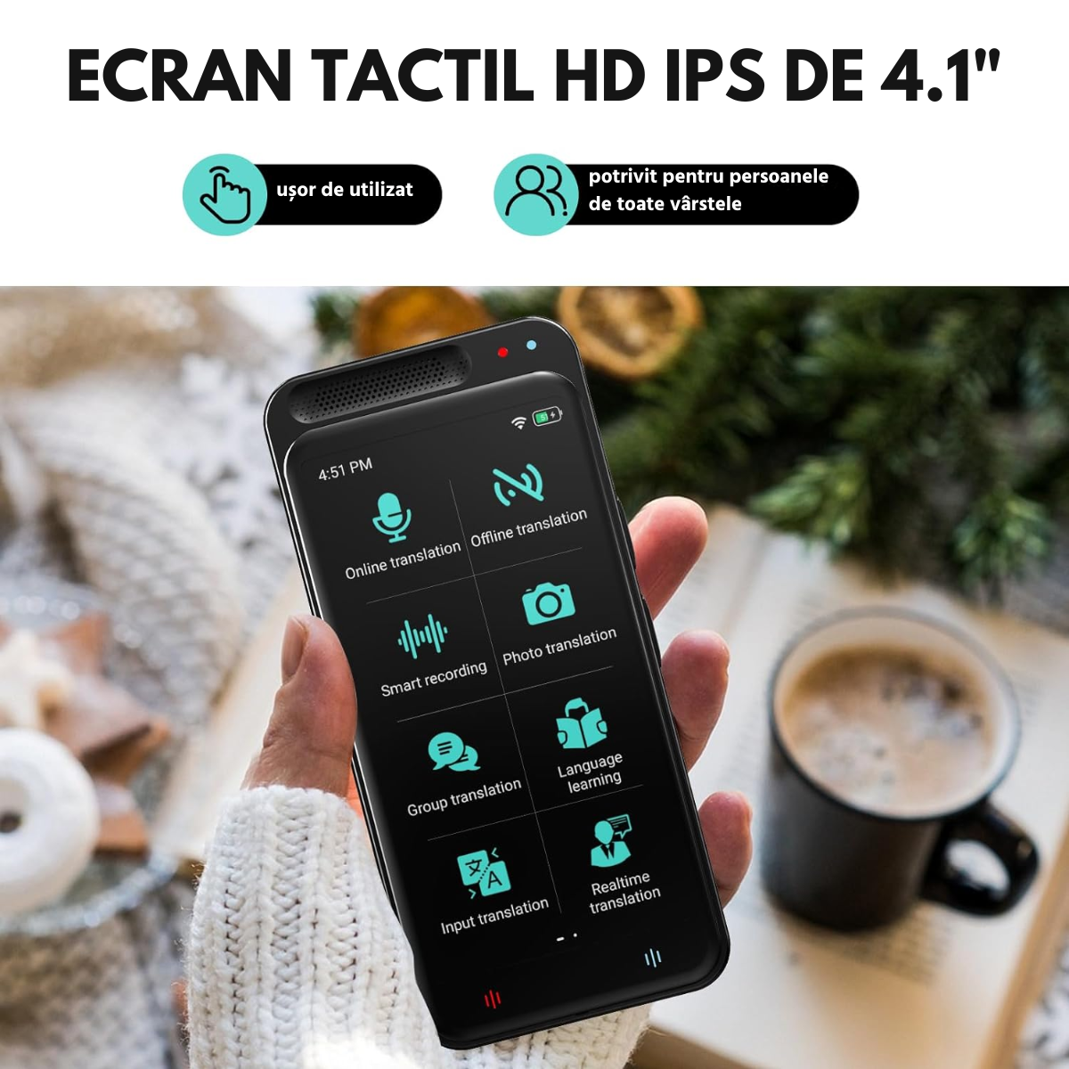 Traducator Inteligent Multifunctional, Asistent AI, Bluetooth, 139+ Limbi, Traducere Vocala Online, Traducere Offline, Traducere Foto, Traducere Inregistrari, Ecran tactil 4.1 inch, Schimb Valutar, 8GB, easyCTRL®