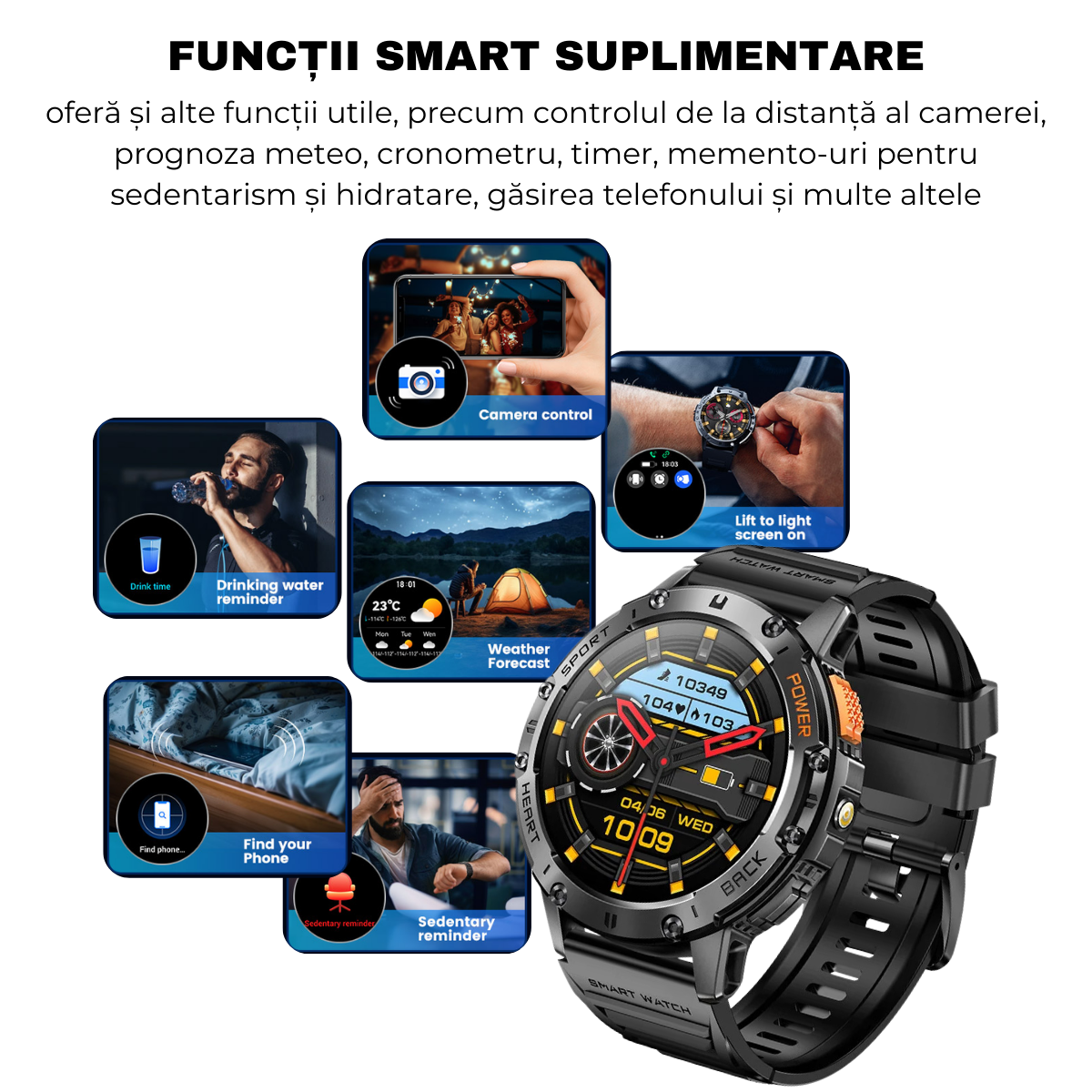 Ceas smartwatch, Ecran AMOLED 1.43", Rezistent la apa, Monitorizare oxigen, Ritm cardiac, Somn, Apel Bluetooth, Notificari mesaje, AI Asistent Vocal, Lanterna, easyCTRL®