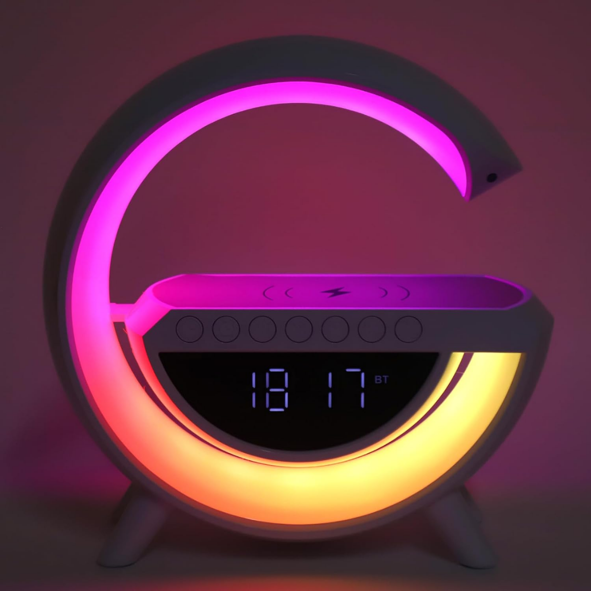 Lampa Inteligenta cu Lumini LED RGB, Incarcator Wireless 15W, Boxa Bluetooth, Radio FM, Ceas Digital, Alarma, Incarcare Type-C, Port AUX, Slot Card TF, Alb, easyCTRL®