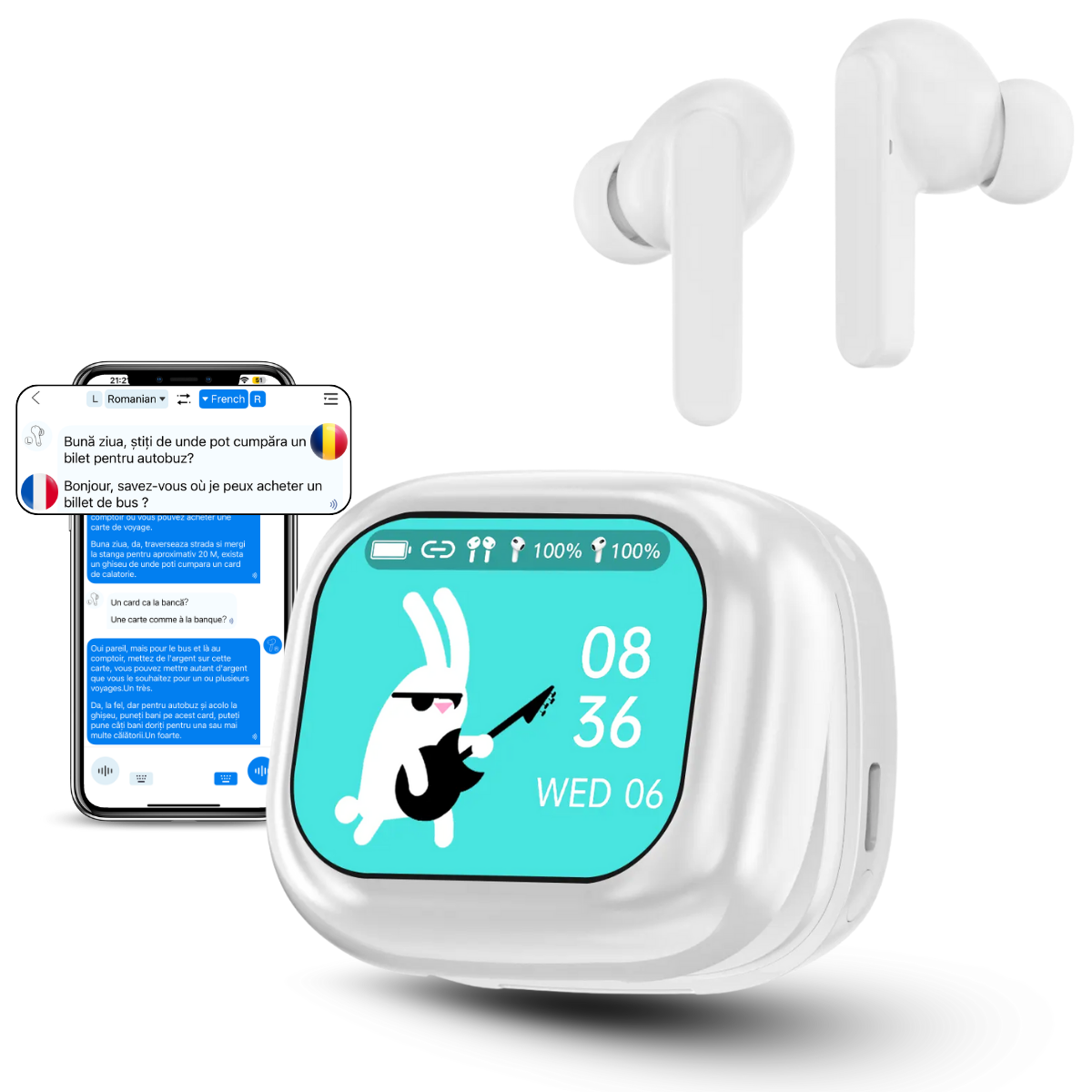 Casti cu Traducator pentru Conversatii in timp real, 144 Limbi, Traducere Foto, Carcasa incarcare cu Touch Screen, Bluetooth 5.4, Control tactil, T7, Alb, easyCTRL®