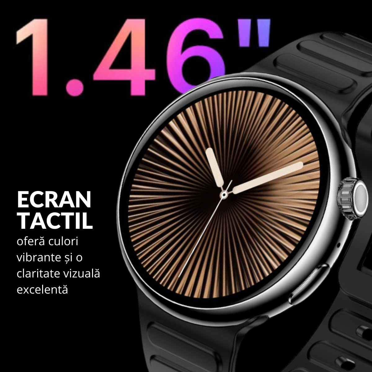 Ceas smartwatch de dama, Ecran Tactil LCD 1.46", Control prin Gesturi, Apel Bluetooth, Multi Sport, Monitorizare Sanatate, Negru, easyCTRL®