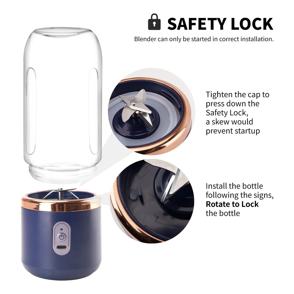 Mini Blender Portabil, 2 Recipiente, 400 ml, 6 Lame 3D, USB-C reincarcabil, 45W, Capac Inclus, Bleumarin, easyCTRL®