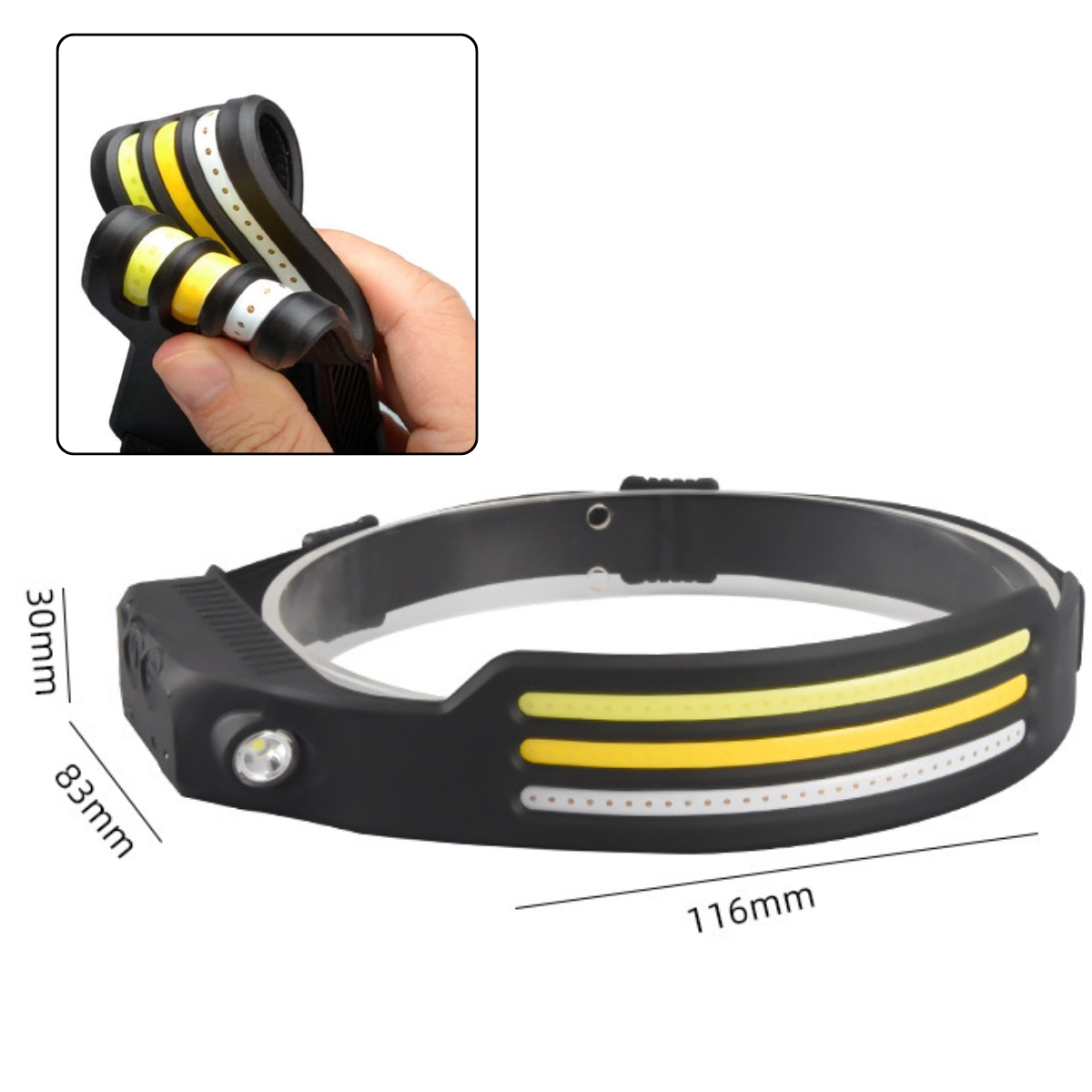 Lanterna de Cap Profesionala, Senzor Miscare, 3 Benzi Led COB si XPE, 10 Moduri Iluminare, Lumina Rece/Calda/Rosie, Acumulator reincarcabil 1200mah, Rezistenta la Apa, easyCTRL®