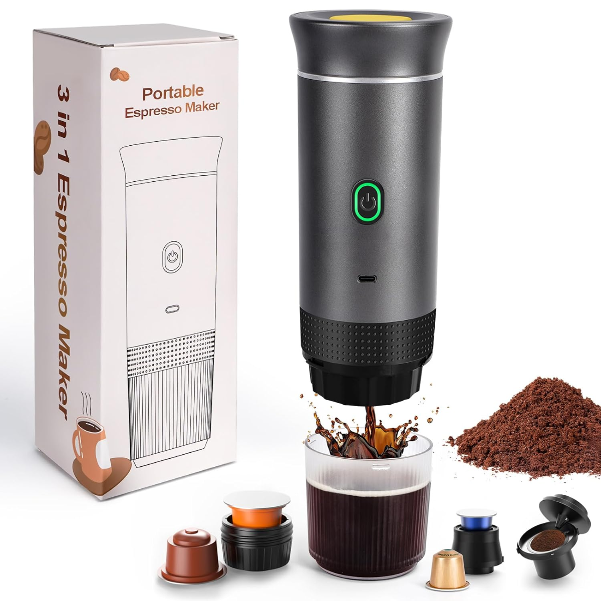Espressor Portabil 3 in 1, Capsule Nespresso, Nescafe Dolce Gusto, Cafea macinata, 20 bar, 72W, Baterie 7500mAh, Argintiu, easyCTRL®