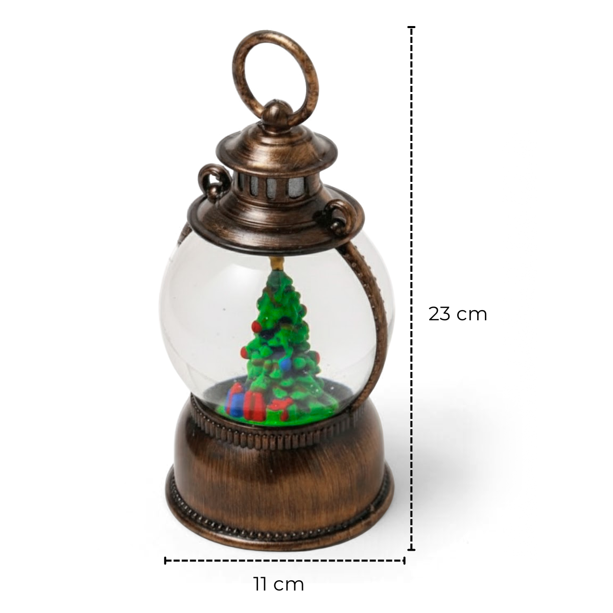 Felinar Decorativ Muzical, Brad de Craciun, Glob 12cm, Iluminare LED calda, Zapada in Miscare, Alimentare USB/Baterii