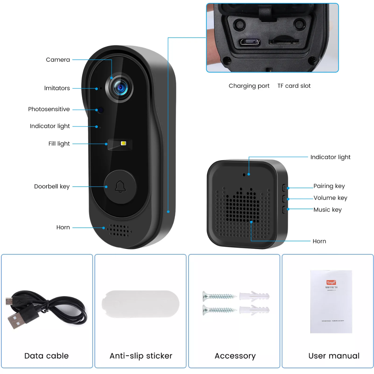 Intelligent Video Doorbell, Wireless, IP65, Bidirectional Communication, Remote Control via Tuya Smart APP, Indoor Doorbell, 125°, Night Vision, easyCTRL® 