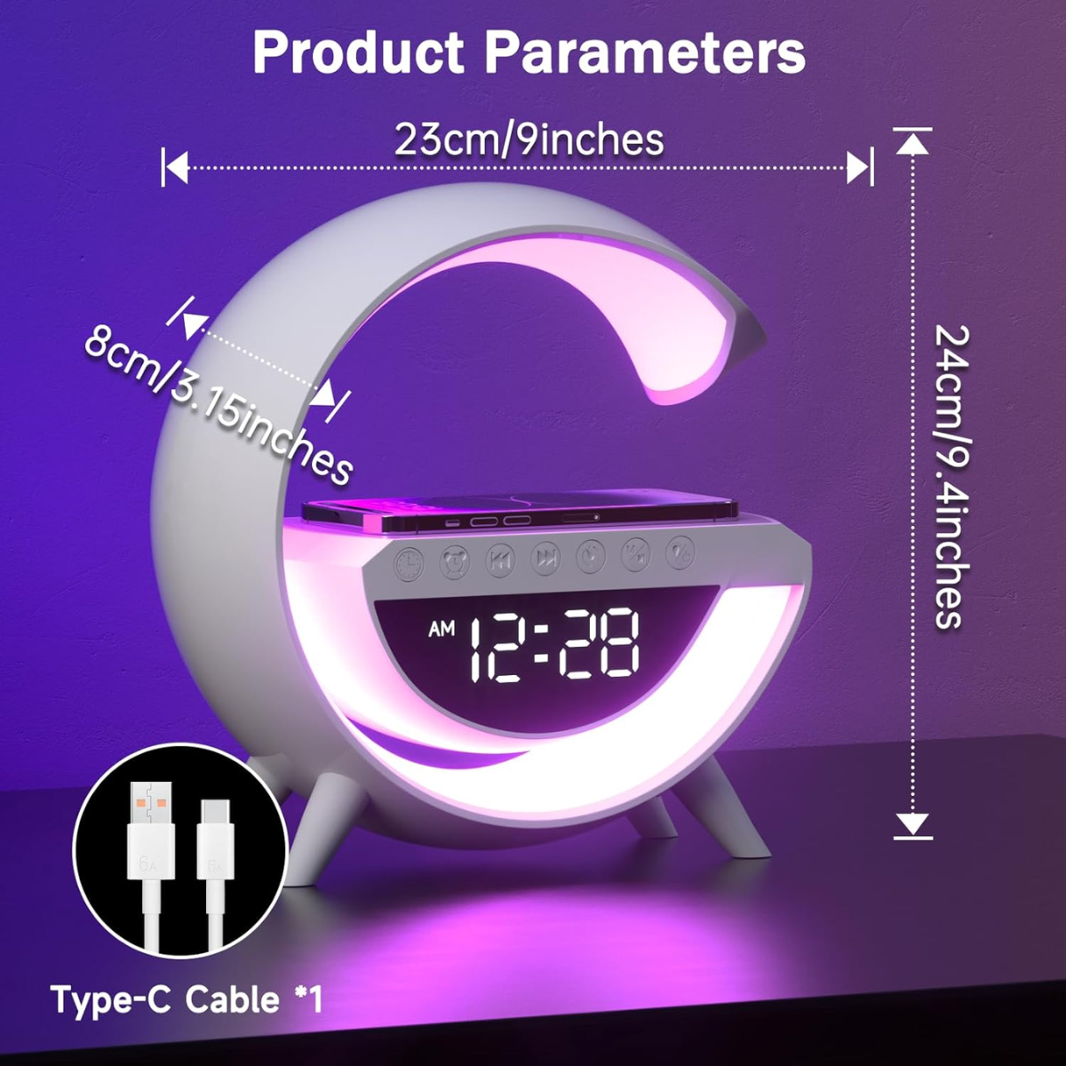 Lampa Inteligenta cu Lumini LED RGB, Incarcator Wireless 15W, Boxa Bluetooth, Radio FM, Ceas Digital, Alarma, Incarcare Type-C, Port AUX, Slot Card TF, Alb, easyCTRL®