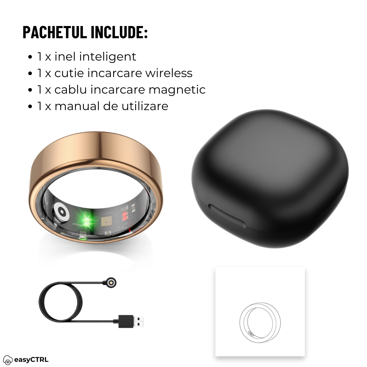 Smart Ring, Bluetooth, Wireless Charging Box, Monitors Pulse, Blood Oxygen, Sleep, Calories, Waterproof IP68, Gold, easyCTRL®