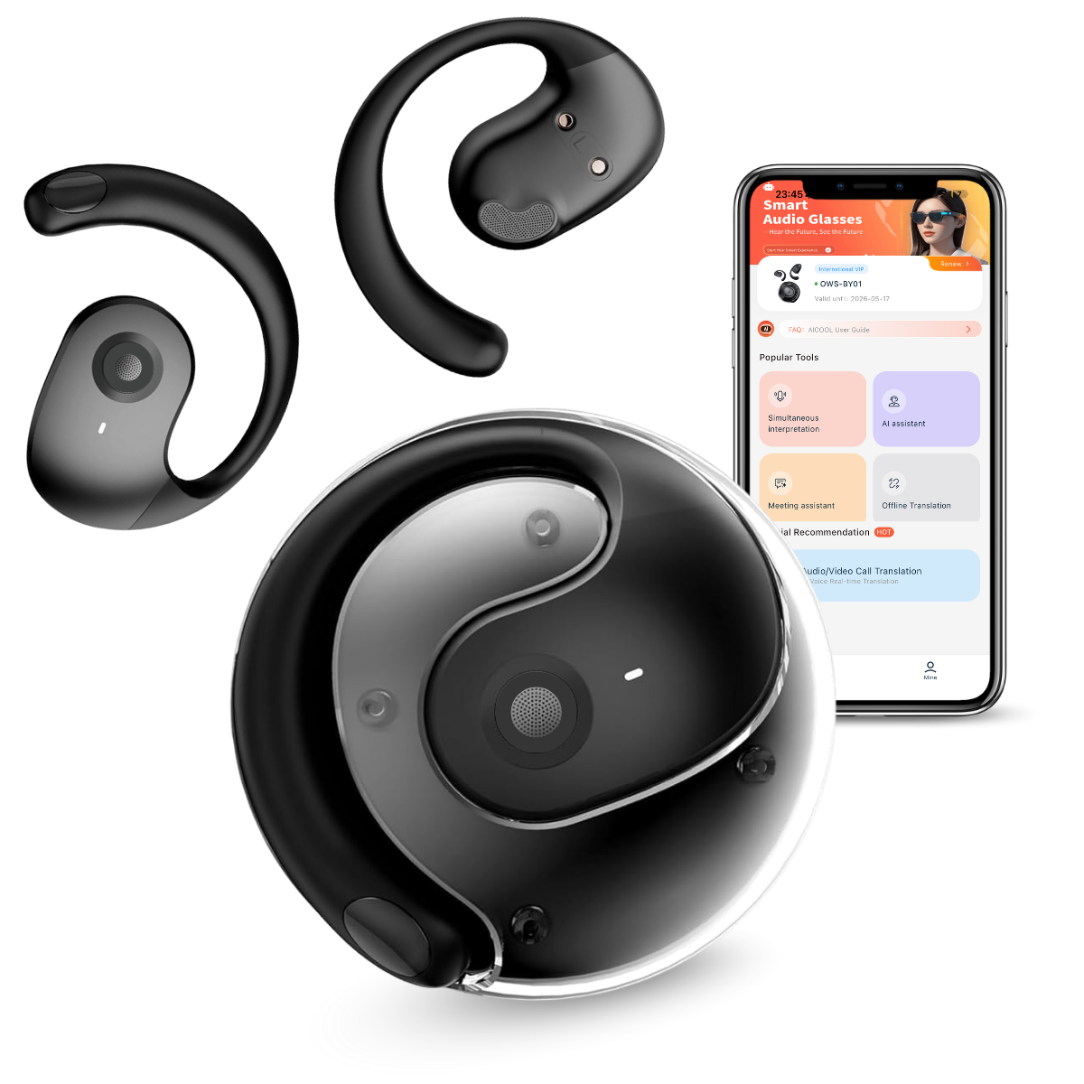 Casti cu Traducator pentru Conversatii in timp real, Open-Ear, 139 Limbi, Bluetooth 5.4, Control tactil, Carcasa de incarcare, Negru, T2, easyCTRL®