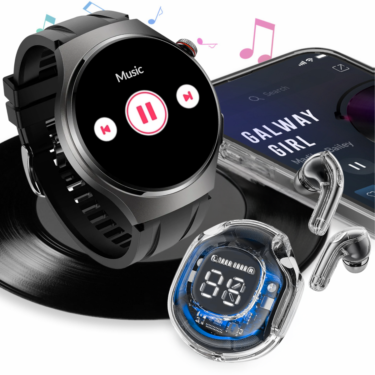 Set Smartwatch Barbati + Casti Wireless, Ecran LCD 1.52", Control Tactil, Apel Bluetooth, Multi Sport, Monitorizare Sanatate, Negru, easyCTRL®