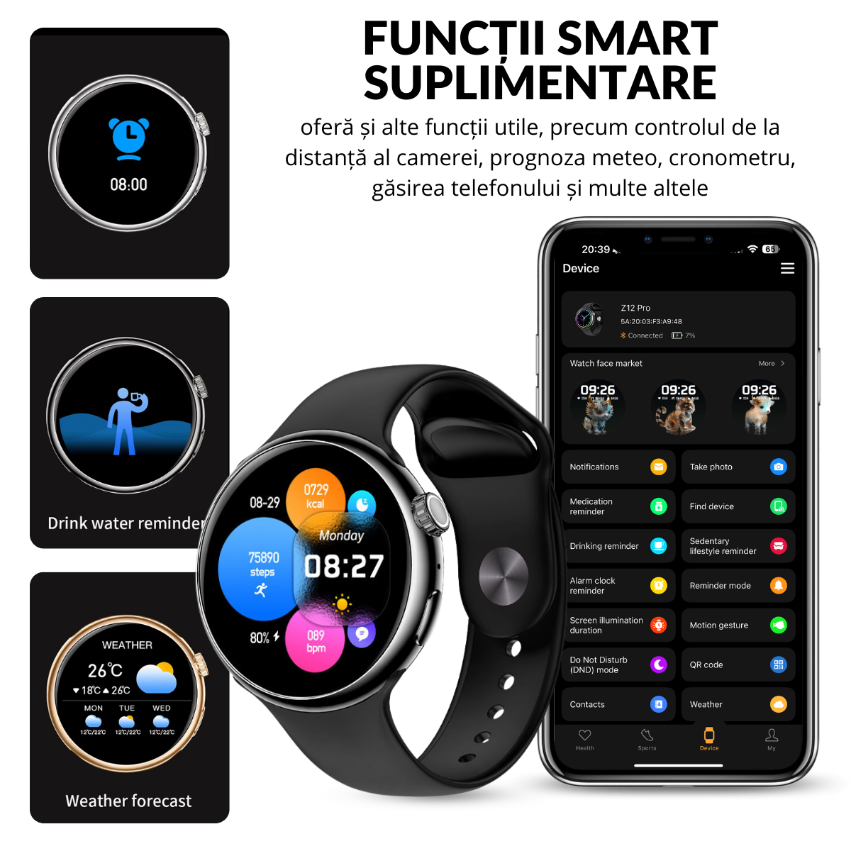 Ceas smartwatch de dama, Ecran Tactil LCD 1.46", Control prin Gesturi, Apel Bluetooth, Multi Sport, Monitorizare Sanatate, Negru, easyCTRL®