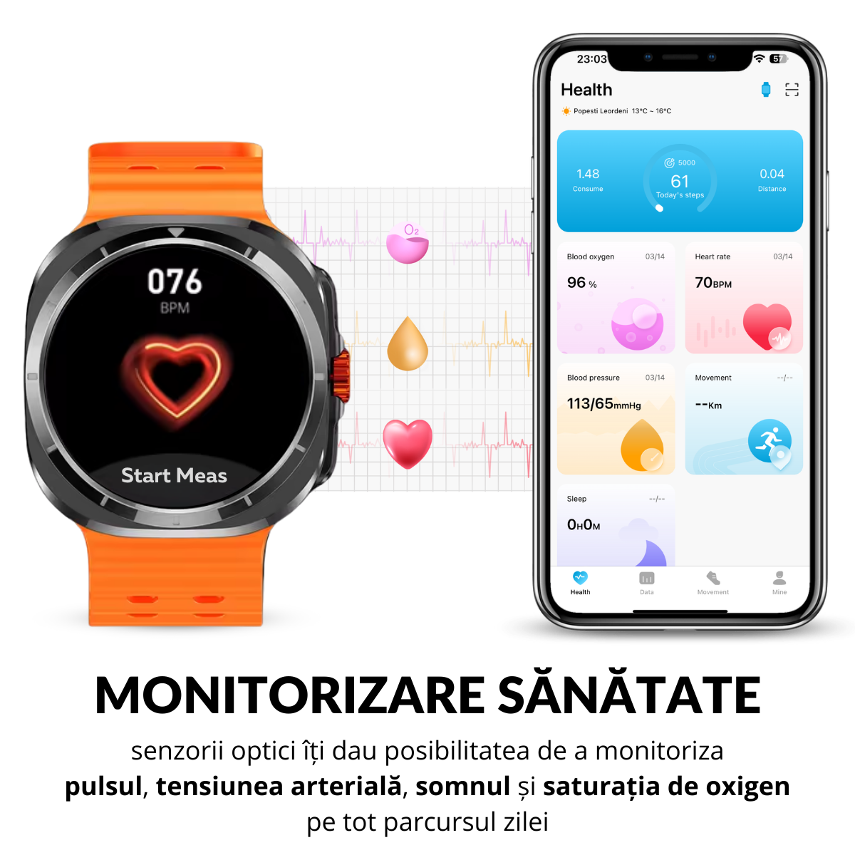 Ceas smartwatch de barbati, Ecran Tactil LCD 1.52", Apel Bluetooth, Multi Sport, Monitorizare Sanatate, Portocaliu, easyCTRL®