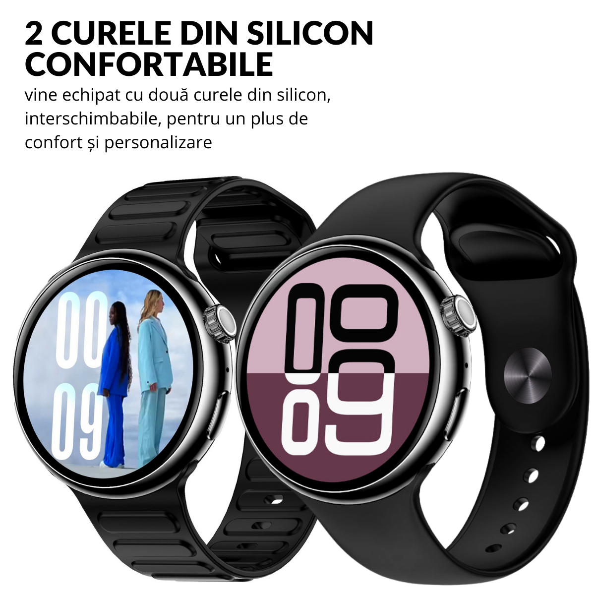 Ceas smartwatch de dama, Ecran Tactil LCD 1.46", Control prin Gesturi, Apel Bluetooth, Multi Sport, Monitorizare Sanatate, Negru, easyCTRL®