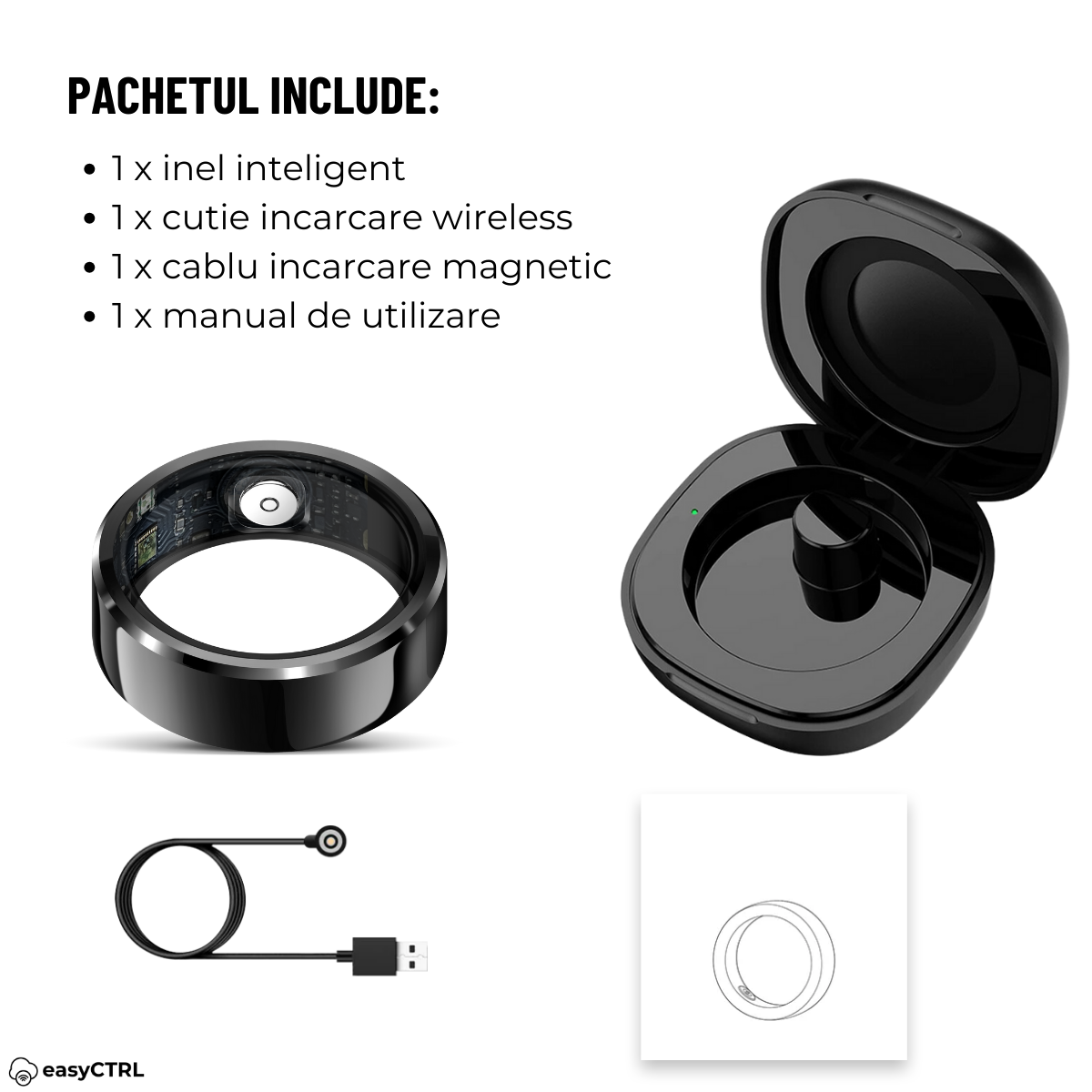 Smart Ring, Bluetooth, Wireless Charging Box, Monitors Pulse, Blood Oxygen, Sleep, Temperature, Blood Pressure, Stress, Calories, Distance, Waterproof IP68, Black, easyCTRL®