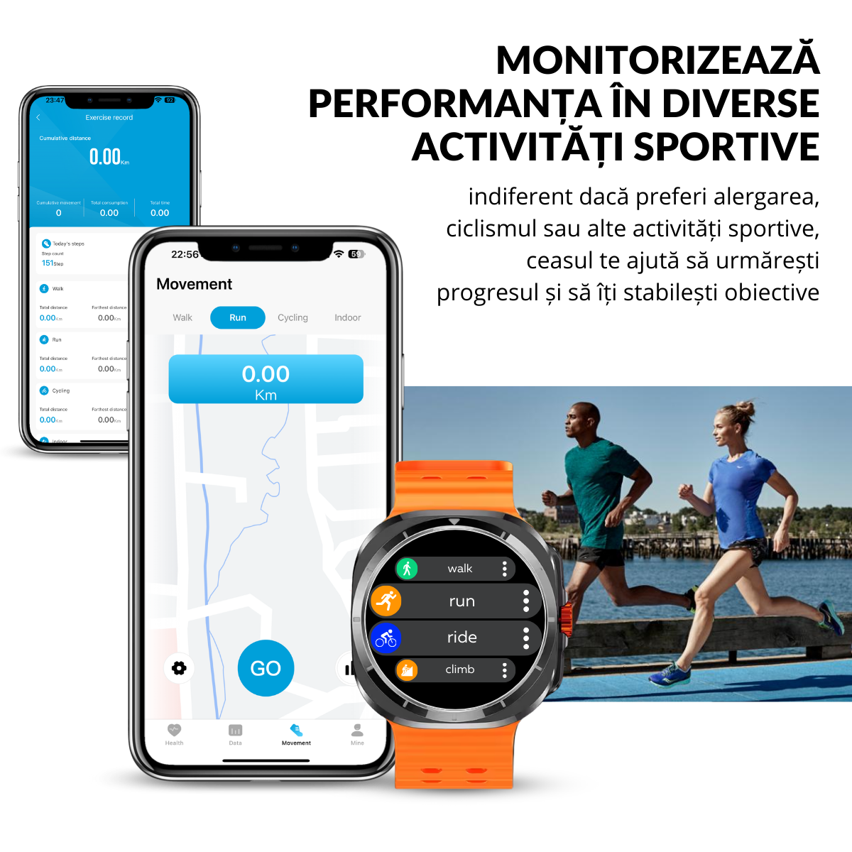 Ceas smartwatch de barbati, Ecran Tactil LCD 1.52", Apel Bluetooth, Multi Sport, Monitorizare Sanatate, Portocaliu, easyCTRL®