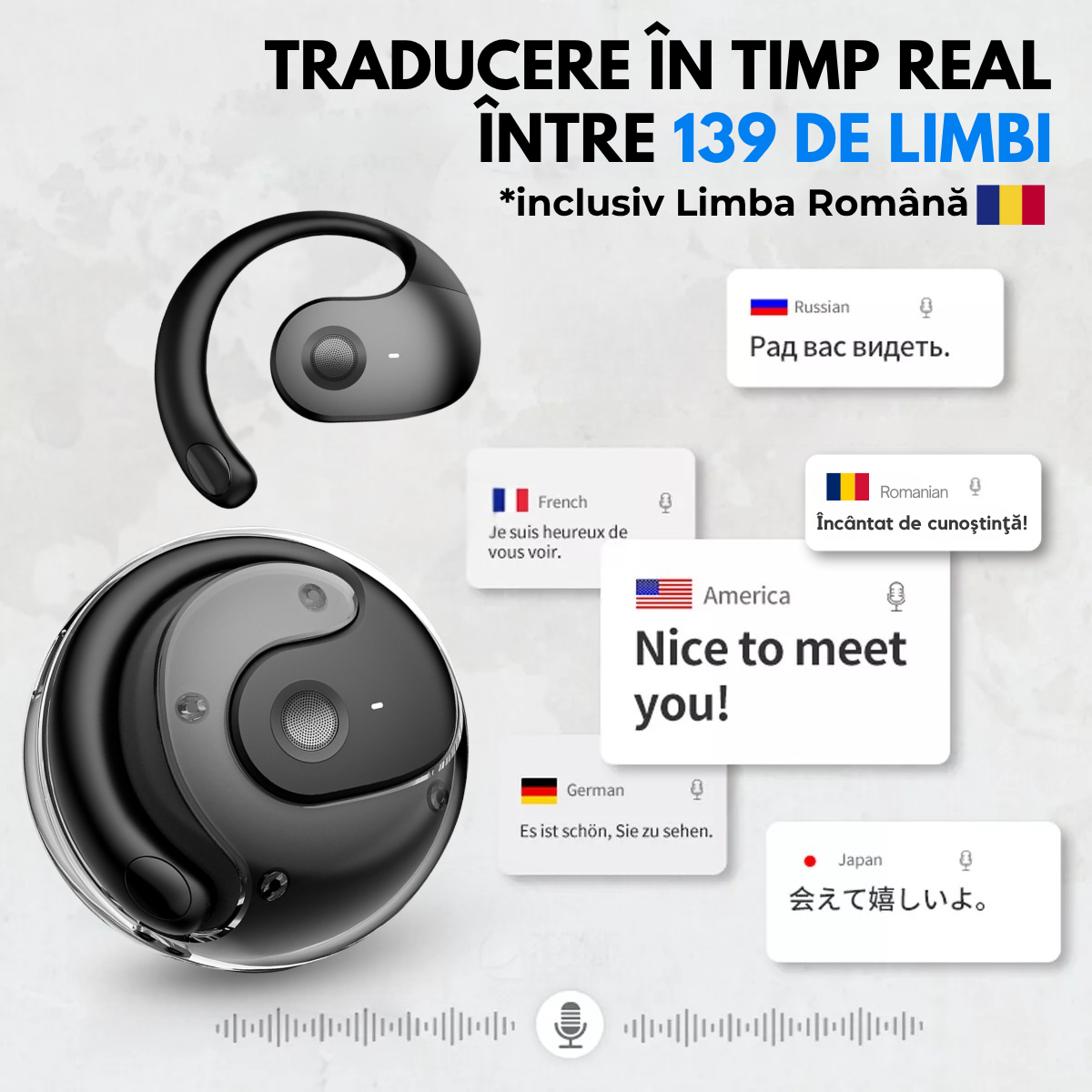 Casti cu Traducator pentru Conversatii in timp real, Open-Ear, 139 Limbi, Bluetooth 5.4, Control tactil, Carcasa de incarcare, Negru, T2, easyCTRL®