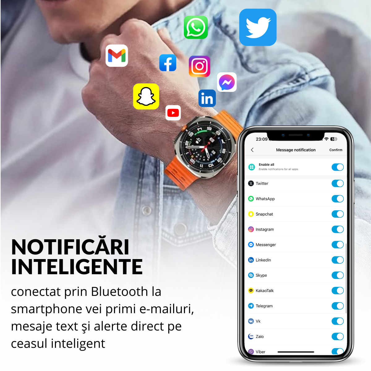 Ceas smartwatch de barbati, Ecran Tactil LCD 1.52", Apel Bluetooth, Multi Sport, Monitorizare Sanatate, Portocaliu, easyCTRL®