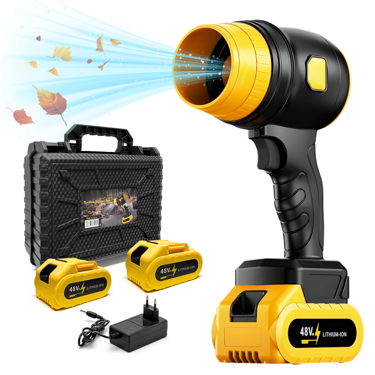 Suflanta Aer Turbo Multifunctionala, Portabila, 2 Acumulatori Li-Ion 48V, Viteza de Rotatie 34000 rpm, 1050W, Negru-Galben
