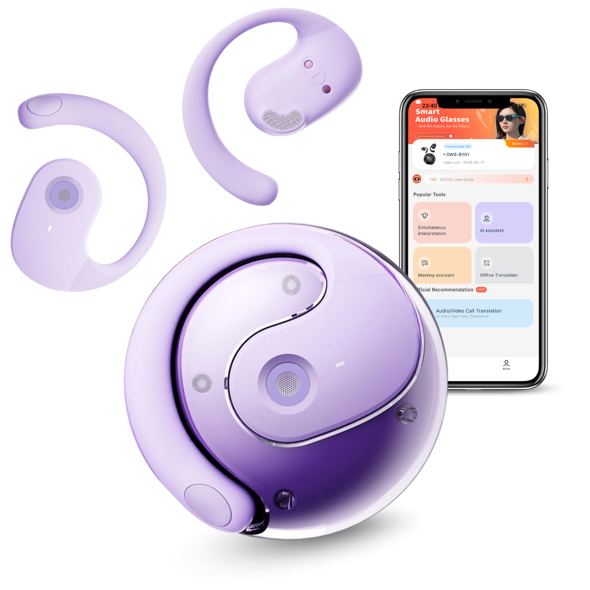 Casti cu Traducator pentru Conversatii in timp real, Open-Ear, 139 Limbi, Bluetooth 5.4, Control tactil, Carcasa de incarcare, T2, Mov, easyCTRL®