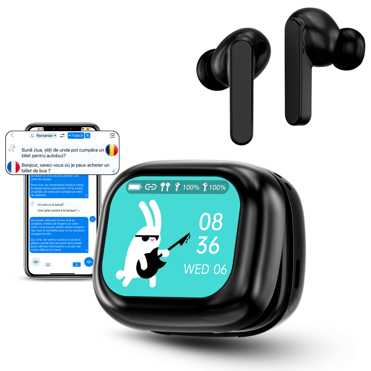 Casti cu Traducator pentru Conversatii in timp real, 144 Limbi, Traducere Foto, Carcasa incarcare cu Touch Screen, Bluetooth 5.4, Control tactil, T7, Negru, easyCTRL®
