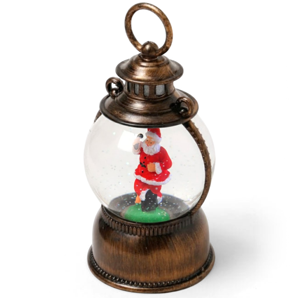 Felinar Decorativ Muzical, Mos Craciun, Glob 12cm, Iluminare LED calda, Zapada in Miscare, Alimentare USB/Baterii
