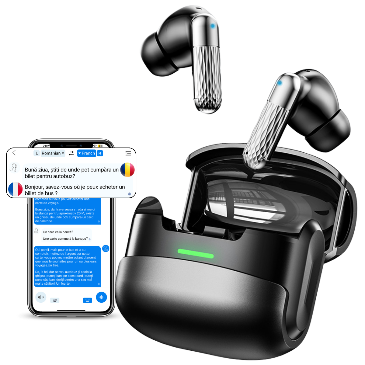 Casti cu Traducator pentru Conversatii in timp real, 144 Limbi, Metal, Traducere Foto, Bluetooth 5.4, Control tactil, Carcasa de incarcare, K505, easyCTRL®