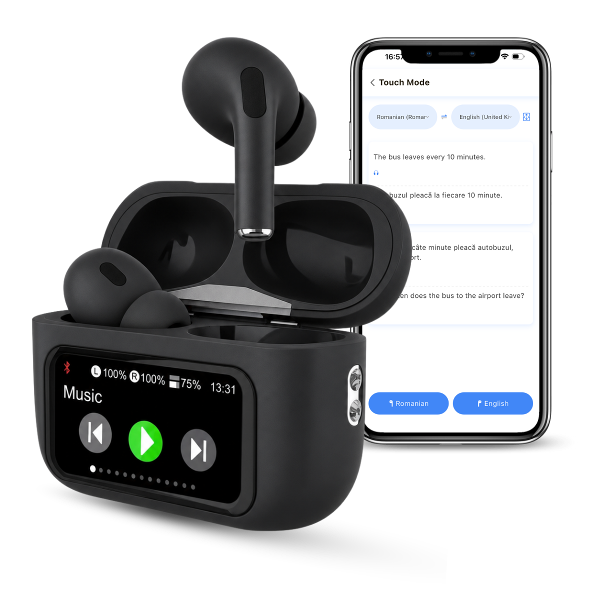 Casti cu Traducator pentru Conversatii in timp real, 151 Limbi Straine, Dialecte, Carcasa incarcare cu Touch Screen, Bluetooth 5.4, Control tactil, A9pro, Negru, easyCTRL®