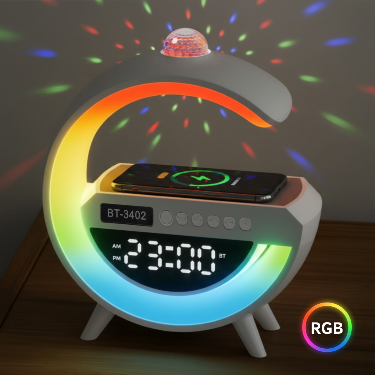Lampa Inteligenta cu Lumini LED RGB si Proiector, Incarcator Wireless 15W, Boxa Bluetooth, Radio FM, Ceas Digital, Incarcare Type-C, Port AUX, Slot Card TF, Alb, easyCTRL®