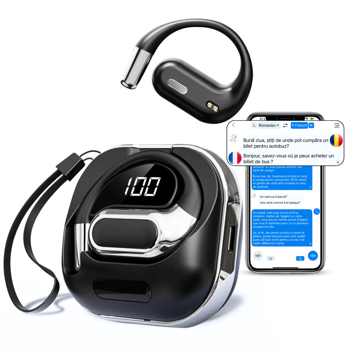 Casti cu Traducator pentru Conversatii in timp real, Open-Ear, 144 Limbi, Traducere Foto, Bluetooth 5.4, Control tactil, Carcasa de incarcare, V80, Negru, easyCTRL®