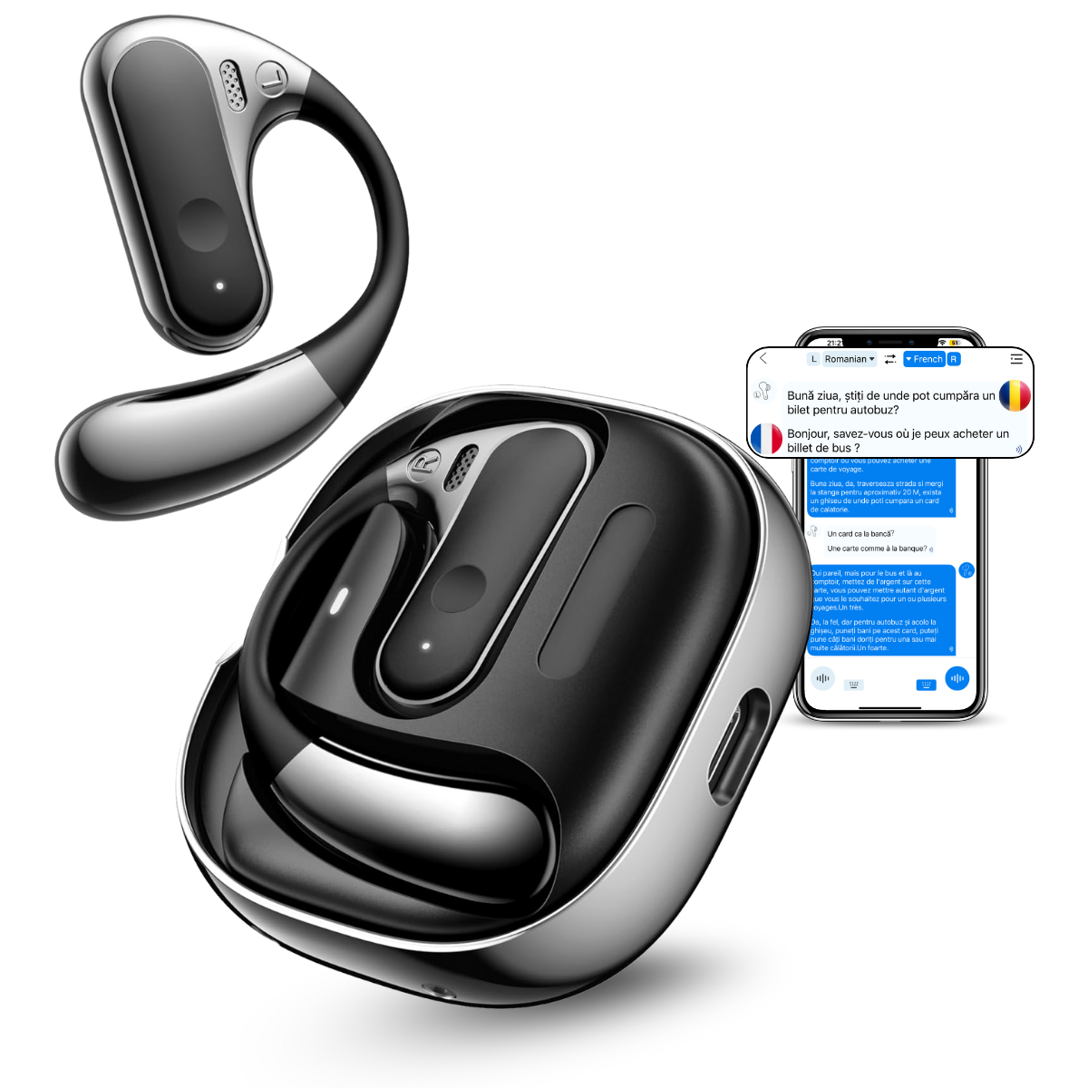 Casti cu Traducator pentru Conversatii in timp real, Constructie Metal, Open-Ear, 144 Limbi, Traducere Foto, Bluetooth 5.4, Control tactil, Carcasa de incarcare, S10, easyCTRL®