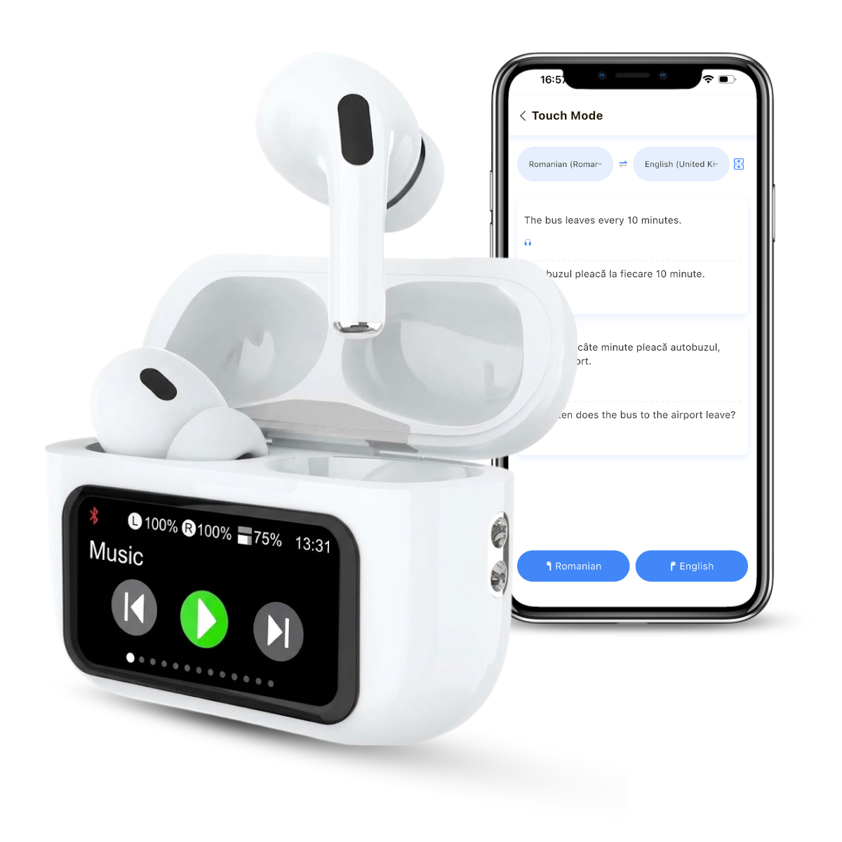 Casti cu Traducator pentru Conversatii in timp real, 151 Limbi Straine, Dialecte, Carcasa incarcare cu Touch Screen, Bluetooth 5.4, Control tactil, A9pro, easyCTRL®