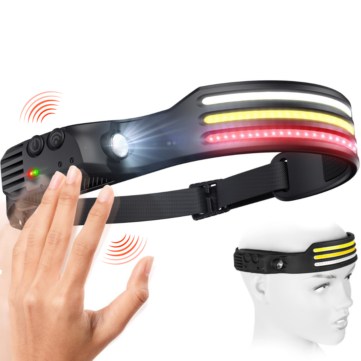 Lanterna de Cap Profesionala, Senzor Miscare, 3 Benzi Led COB si XPE, 10 Moduri Iluminare, Lumina Rece/Calda/Rosie, Acumulator reincarcabil 1200mah, Rezistenta la Apa, easyCTRL®