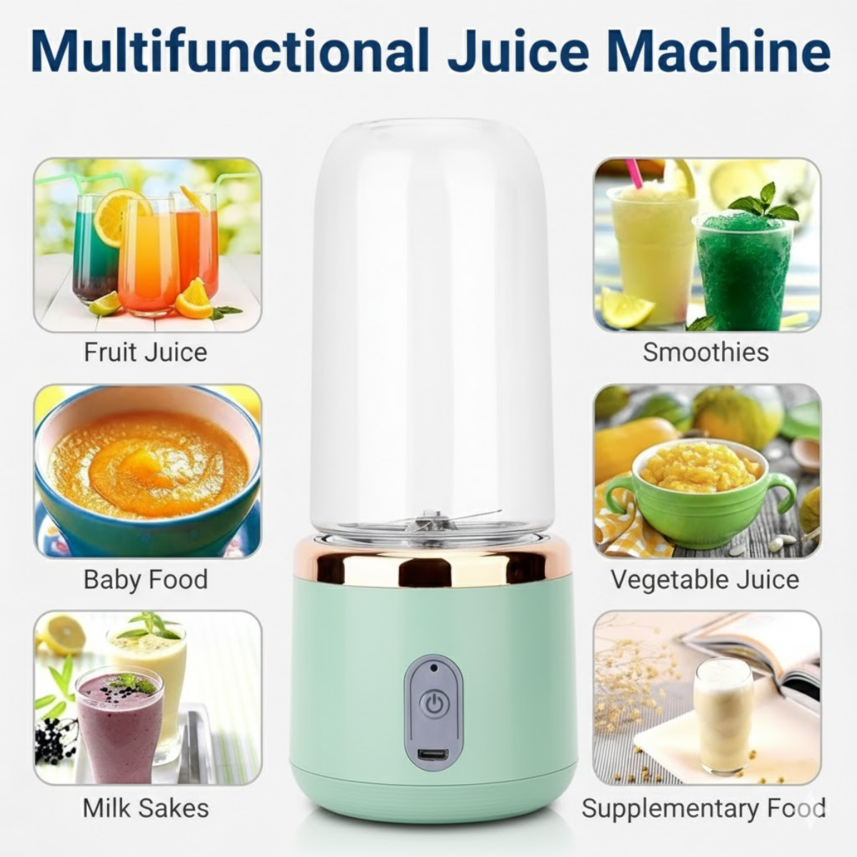 Mini Blender Portabil, 2 Recipiente, 400 ml, 6 Lame 3D, USB-C reincarcabil, 45W, Capac Inclus, Turcoaz, easyCTRL®