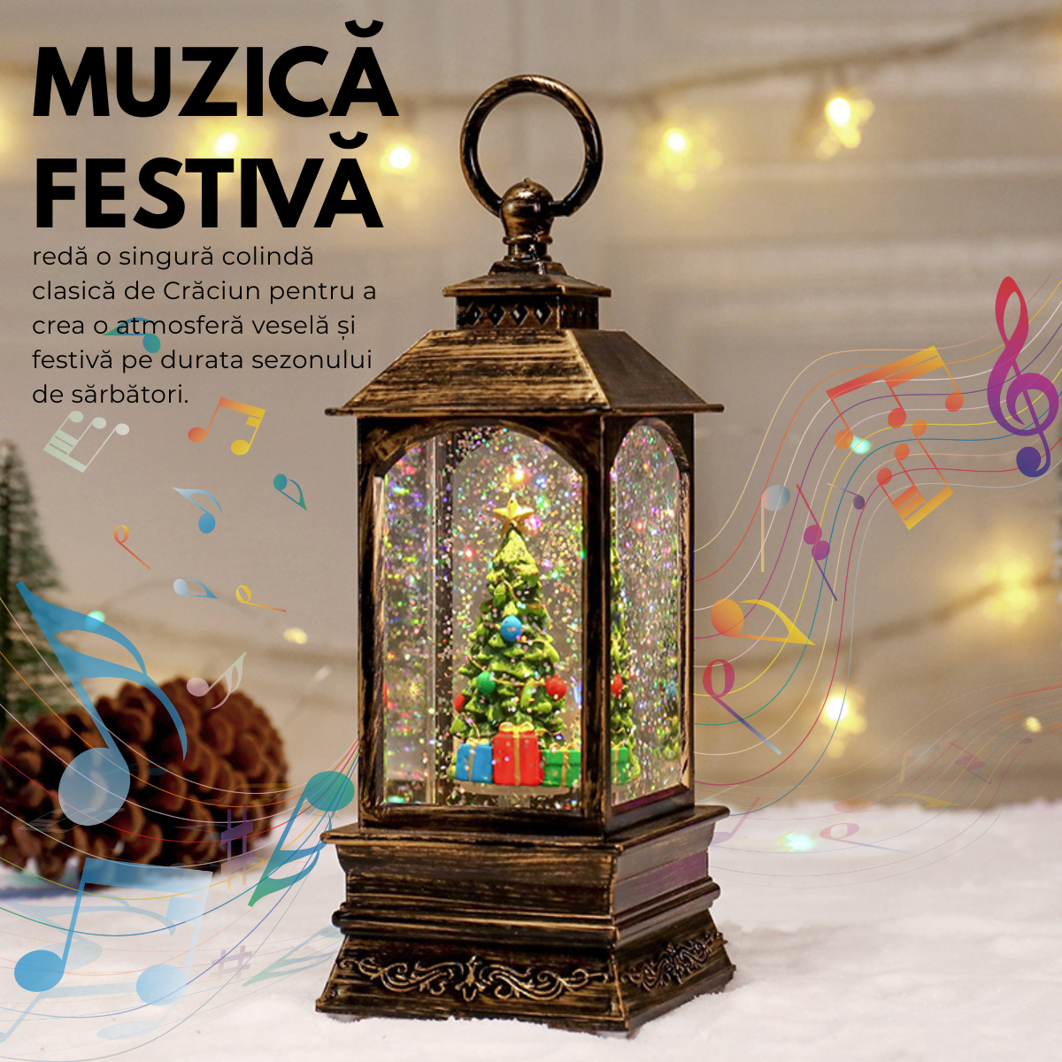 Felinar Decorativ Muzical, Brad de Craciun, Iluminare LED calda, Zapada in Miscare, Alimentare USB/Baterii