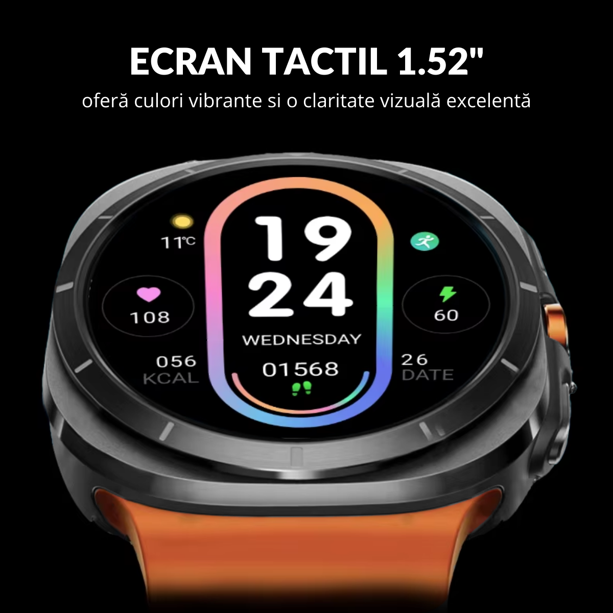 Ceas smartwatch de barbati, Ecran Tactil LCD 1.52", Apel Bluetooth, Multi Sport, Monitorizare Sanatate, Portocaliu, easyCTRL®