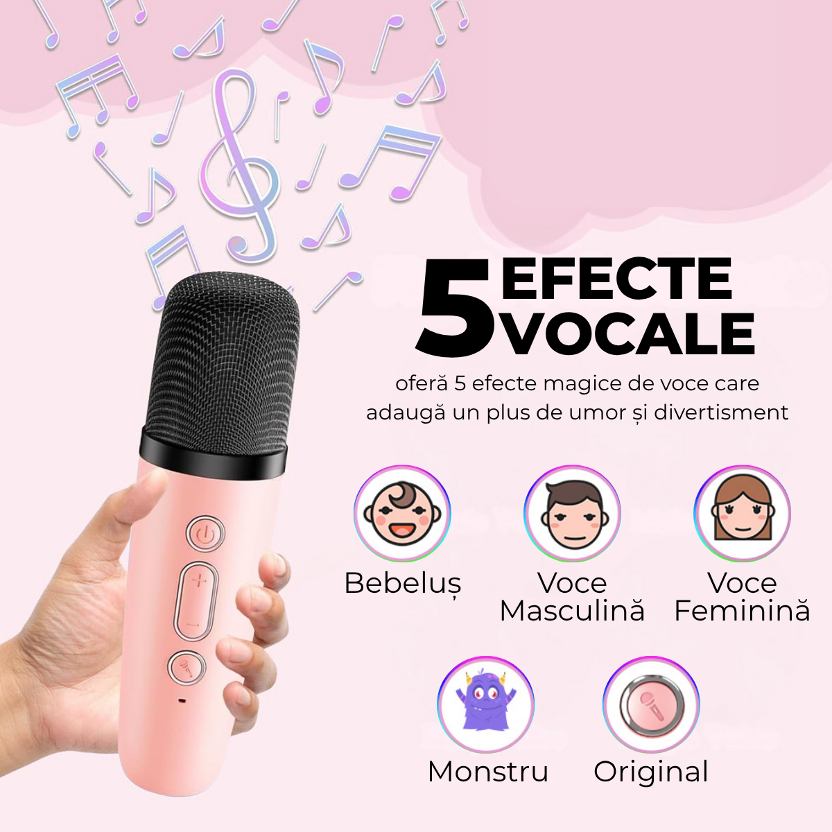 Set Karaoke cu Boxa Bluetooth si 2 Microfoane Wireless, Lumini LED RGB Dinamice, Incarcare Type-C, Port AUX, Slot Card TF, Roz, easyCTRL®