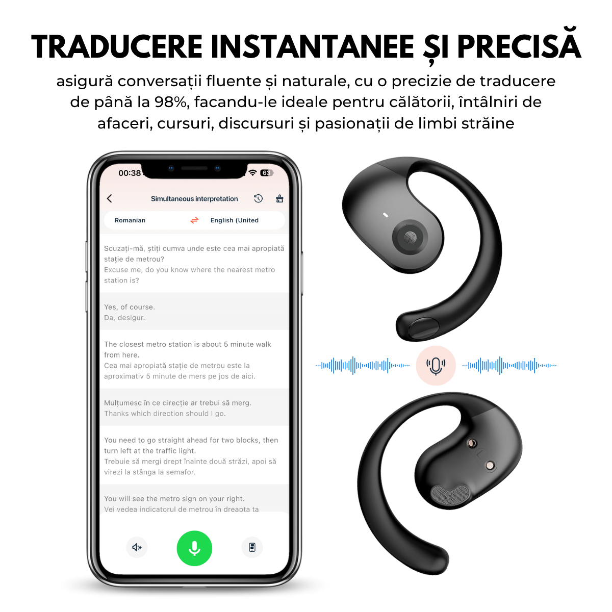Casti cu Traducator pentru Conversatii in timp real, Open-Ear, 139 Limbi, Bluetooth 5.4, Control tactil, Carcasa de incarcare, Negru, T2, easyCTRL®