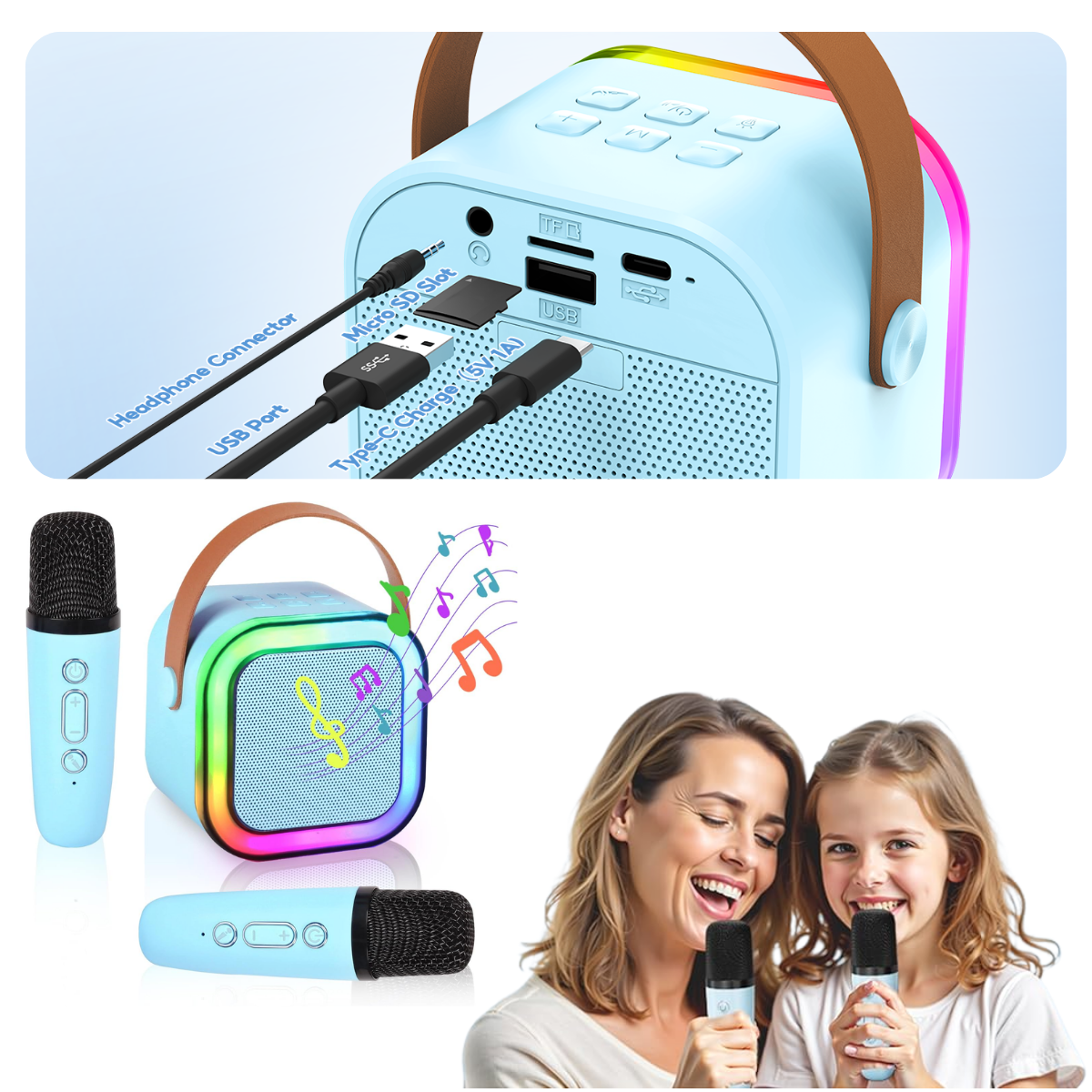 Set Karaoke cu Boxa Bluetooth si 2 Microfoane Wireless, Lumini LED RGB Dinamice, Incarcare Type-C, Port AUX, Slot Card TF, Bleu, easyCTRL®