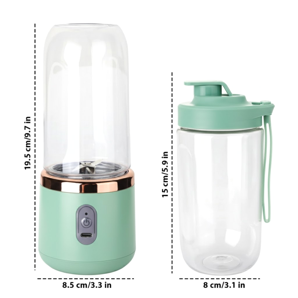 Mini Blender Portabil, 2 Recipiente, 400 ml, 6 Lame 3D, USB-C reincarcabil, 45W, Capac Inclus, Turcoaz, easyCTRL®