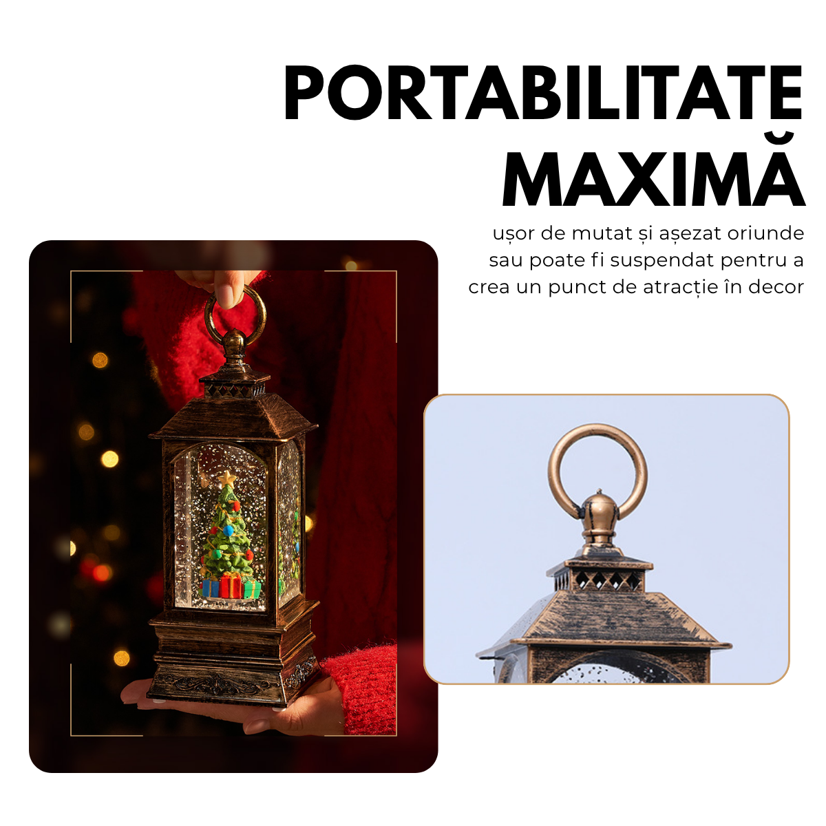 Felinar Decorativ Muzical, Brad de Craciun, Iluminare LED calda, Zapada in Miscare, Alimentare USB/Baterii