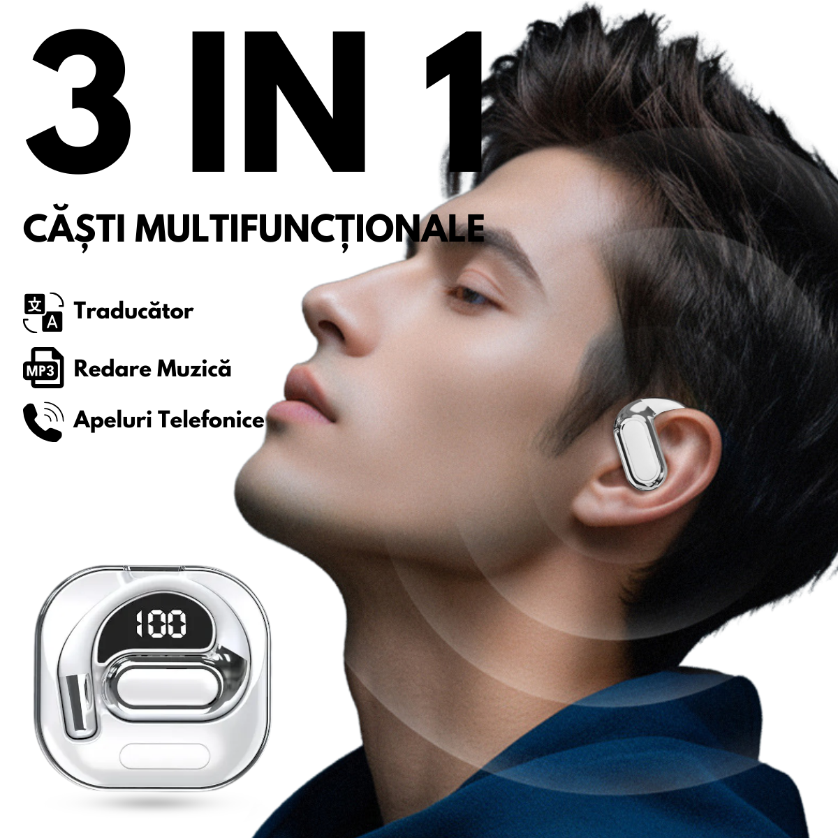 Casti cu Traducator pentru Conversatii in timp real, Open-Ear, 144 Limbi, Traducere Foto, Bluetooth 5.4, Control tactil, Carcasa de incarcare, V80, Alb, easyCTRL®