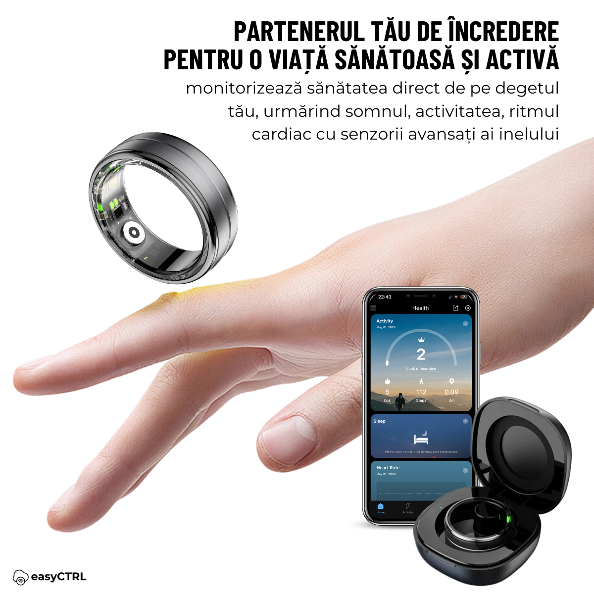 Inel Inteligent, Bluetooth, Cutie Incarcare Wireless, Monitorizeaza Pulsul, Oxigenul din Sange, Somnul, Calorii, Impermeabil 5 ATM, Black, easyCTRL®