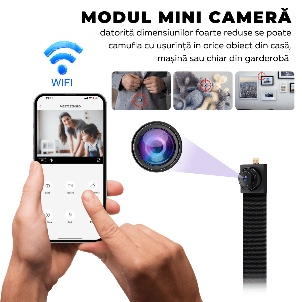 Modul Mini Camera Spion, Wi-Fi, Full HD, 64GB, Accesorii Nasturi, Detectare micare, Monitorizare video in timp real, easyCTRL®