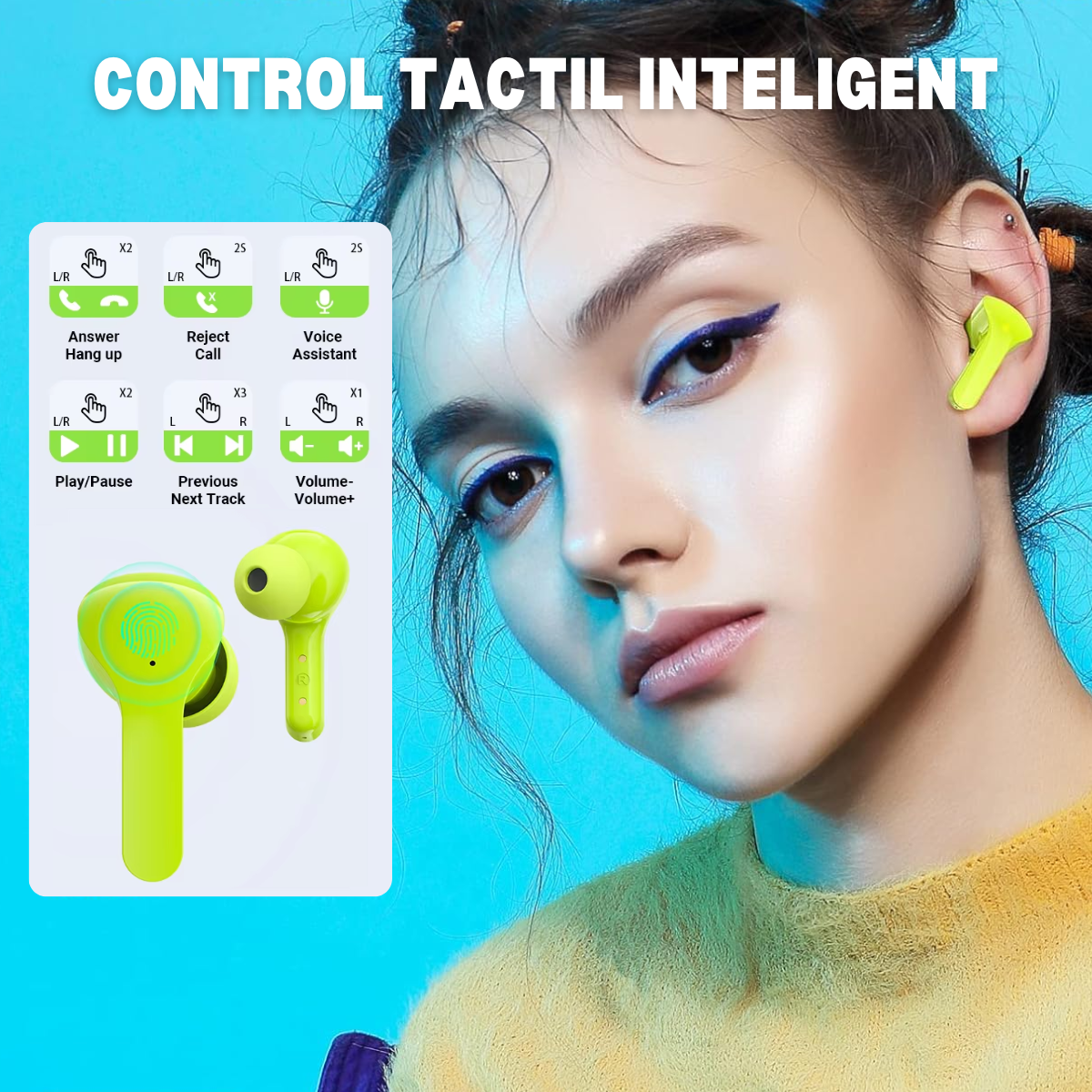 Casti Wireless In Ear, Control Tactil, Bluetooth 5.3, Afisaj Digital LED, Anulare Zgomot, Carcasa magnetica, Rezistenta la umezeala si praf, easyCTRL®, Verde