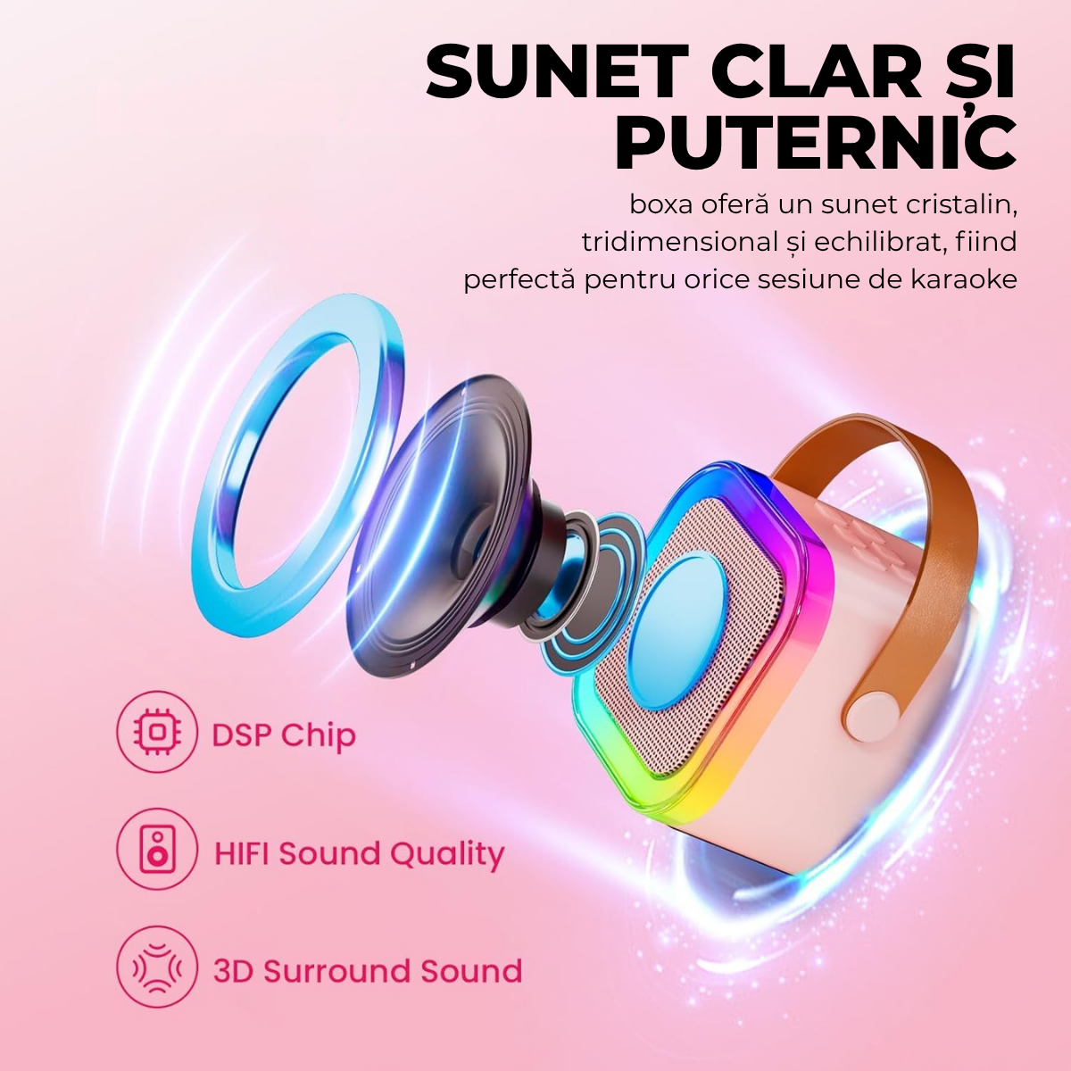 Set Karaoke cu Boxa Bluetooth si 2 Microfoane Wireless, Lumini LED RGB Dinamice, Incarcare Type-C, Port AUX, Slot Card TF, Roz, easyCTRL®